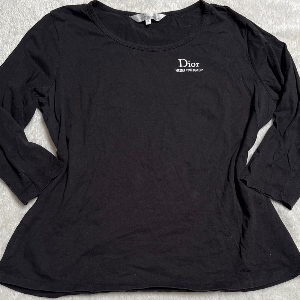 Dior Black Long Sleeve Scoop Neck Tee with White Logo Print